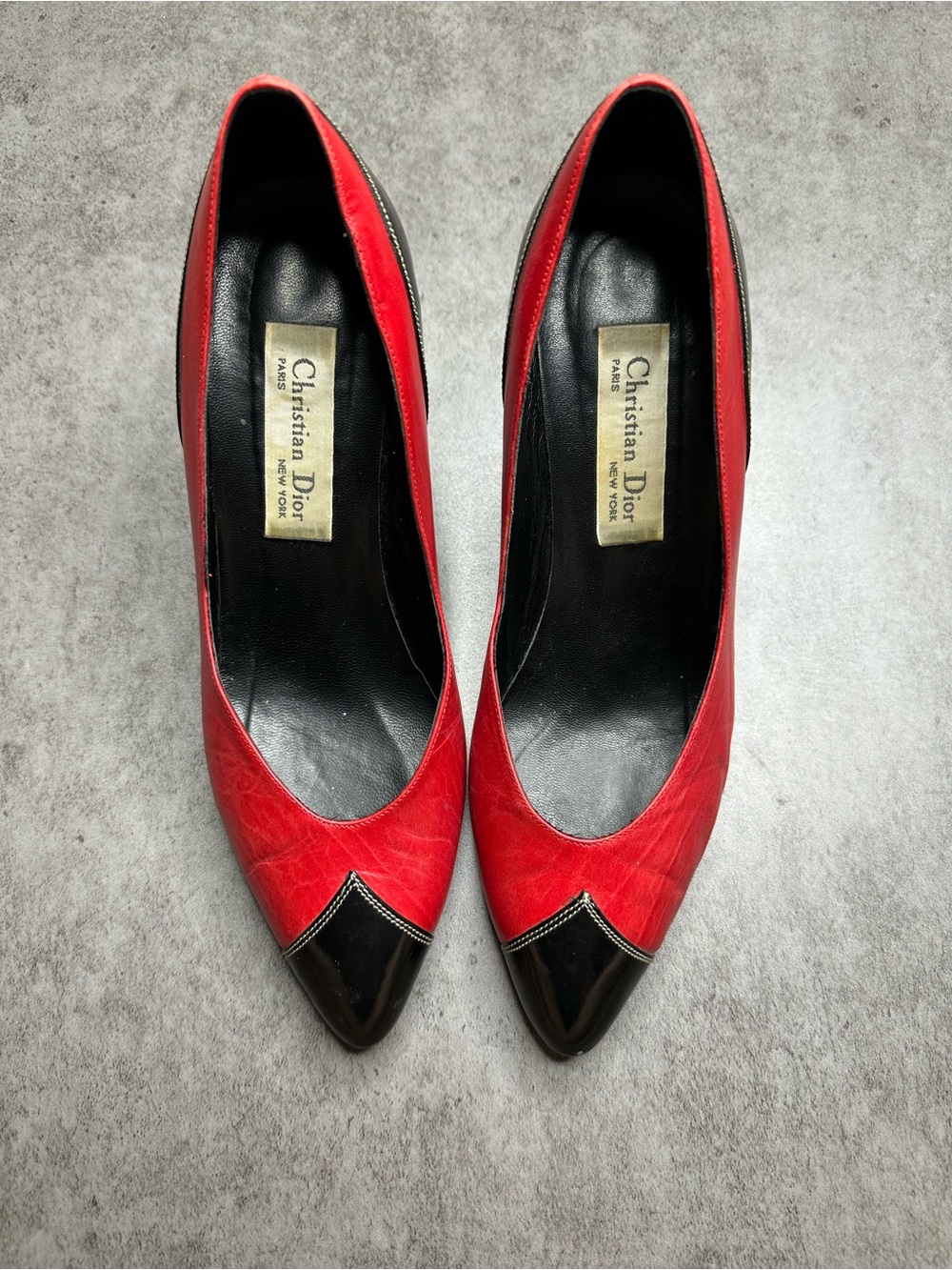 Vintage Christian Dior Paris Red Leather & Black Patent Cap-Toe Pumps
